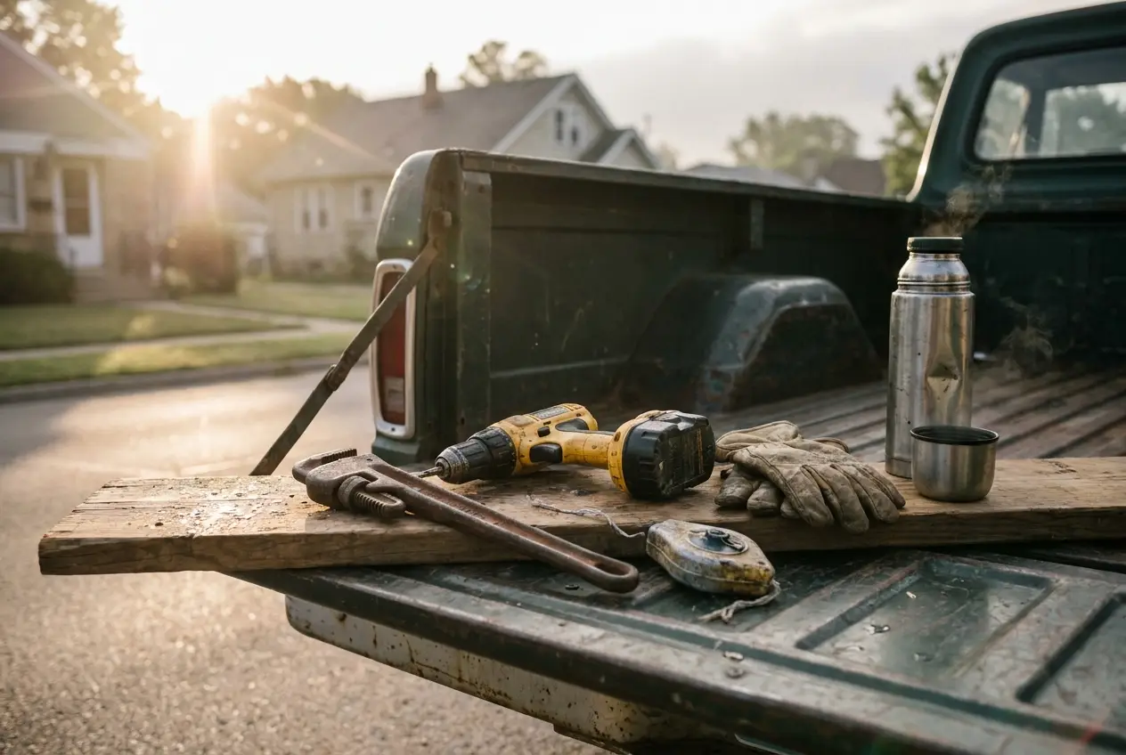 Well-worn trade tools organized on an open pickup tailgate at dawn