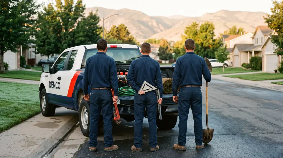 Three Denco crew members at the truck tailgate, one holding a pipe wrench, one a framing square and level, one a shovel