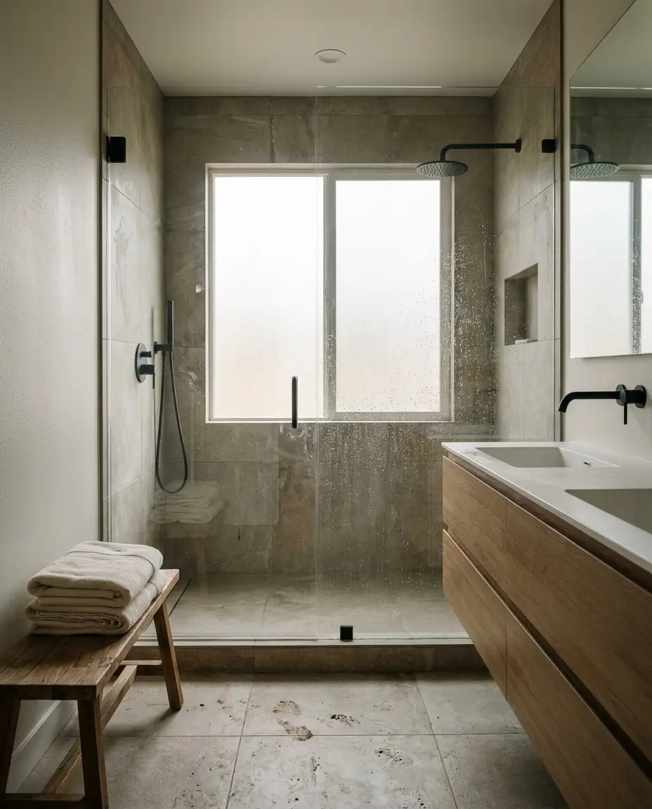 Finished bathroom remodel with a frameless glass walk-in shower and floating oak vanity