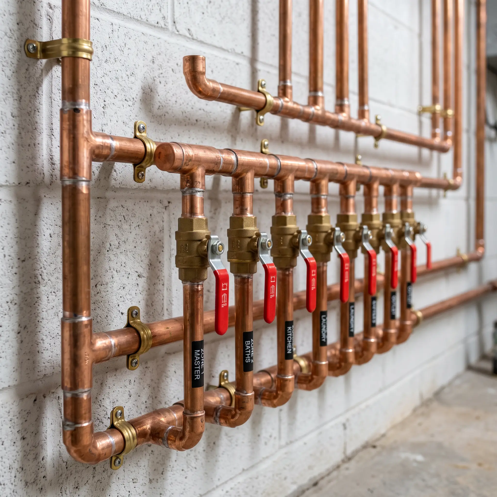 Neatly organized copper plumbing manifold with parallel lines and precise solder joints on a white utility wall