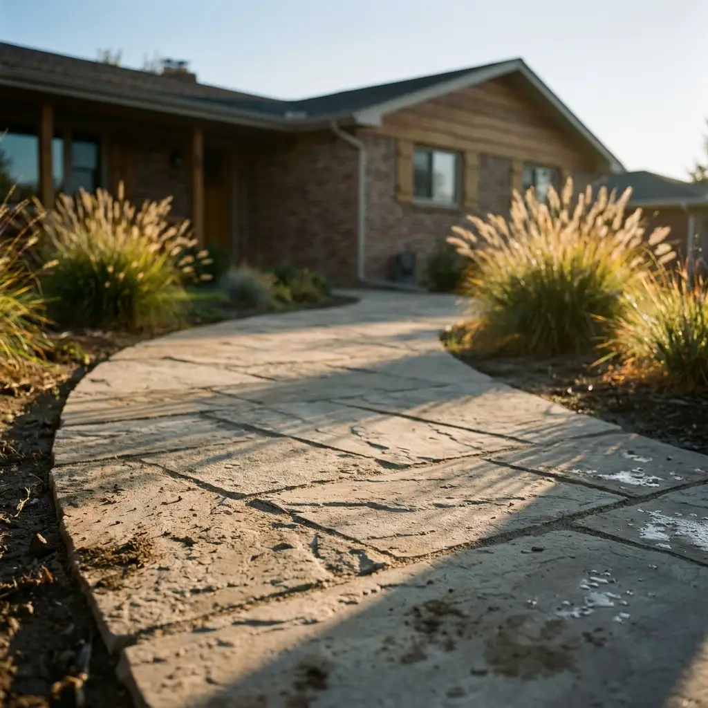 Hand-laid flagstone walkway with tight sand joints curving through a Colorado front yard