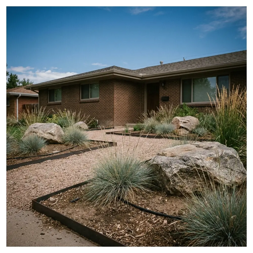 Water-wise xeriscaped front yard with crushed granite paths in the Denver metro