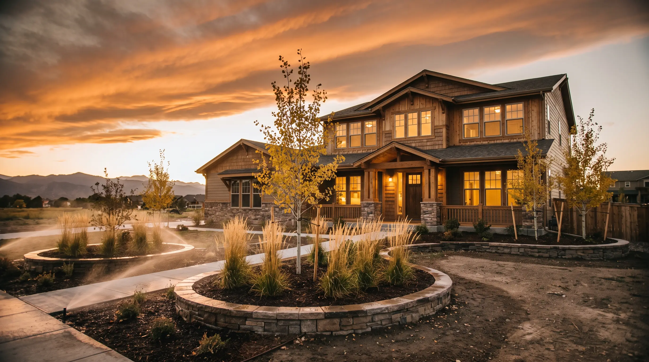 Two-story Colorado craftsman home at dusk with a landscaped front yard and foothills on the horizon