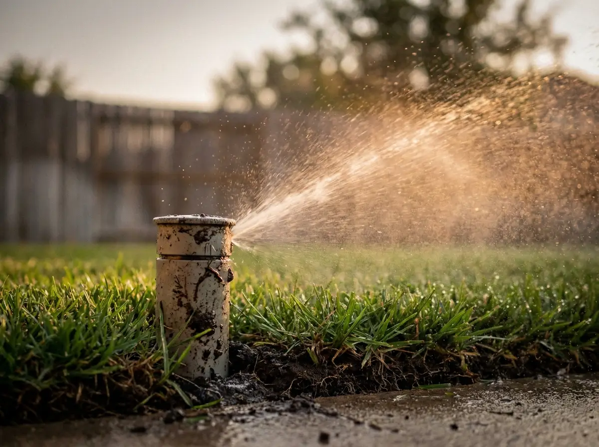 Pop-up sprinkler head misting fine spray over fresh green sod at sunrise