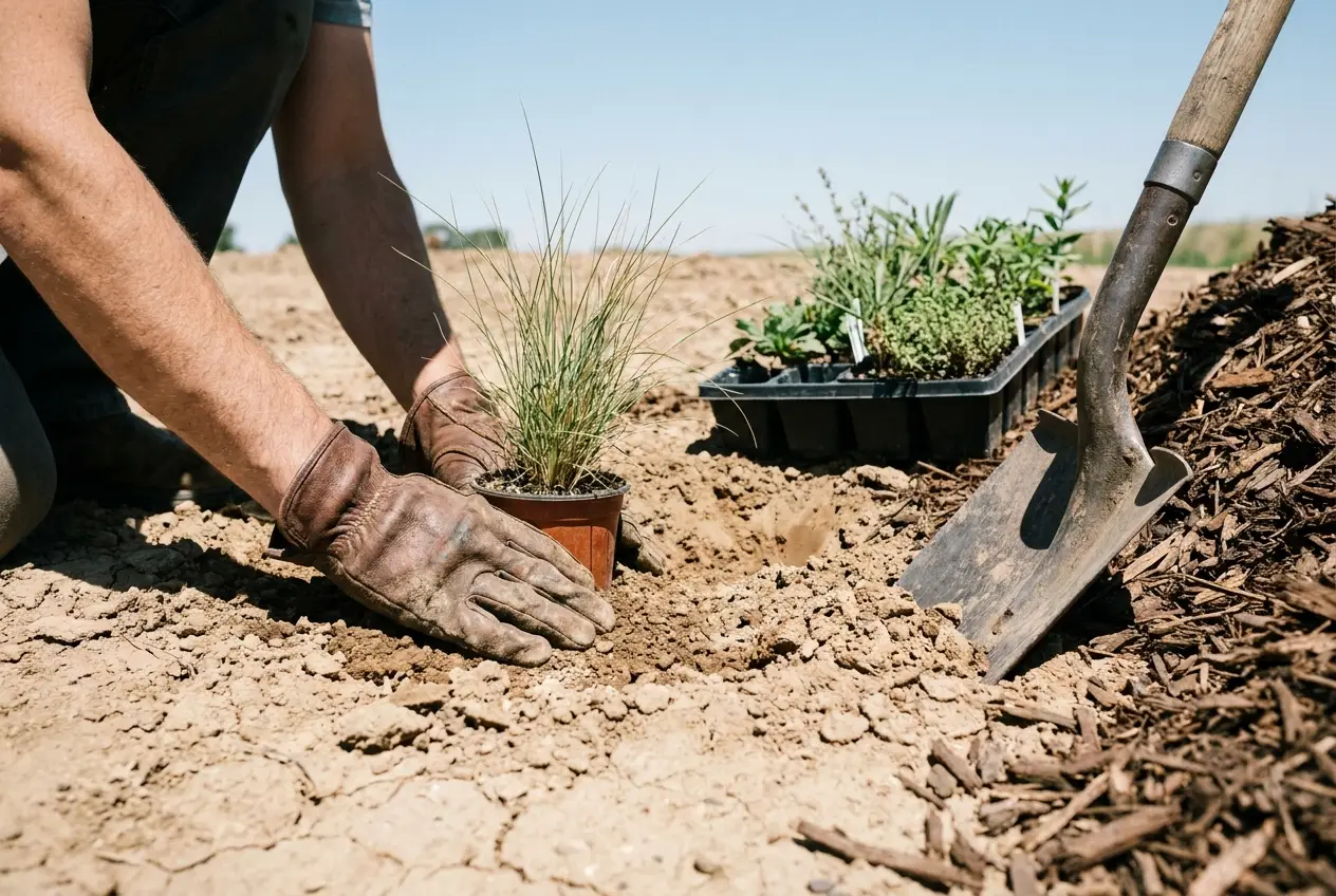 Gloved hands planting ornamental grasses into a fresh landscape bed in dry Colorado clay soil