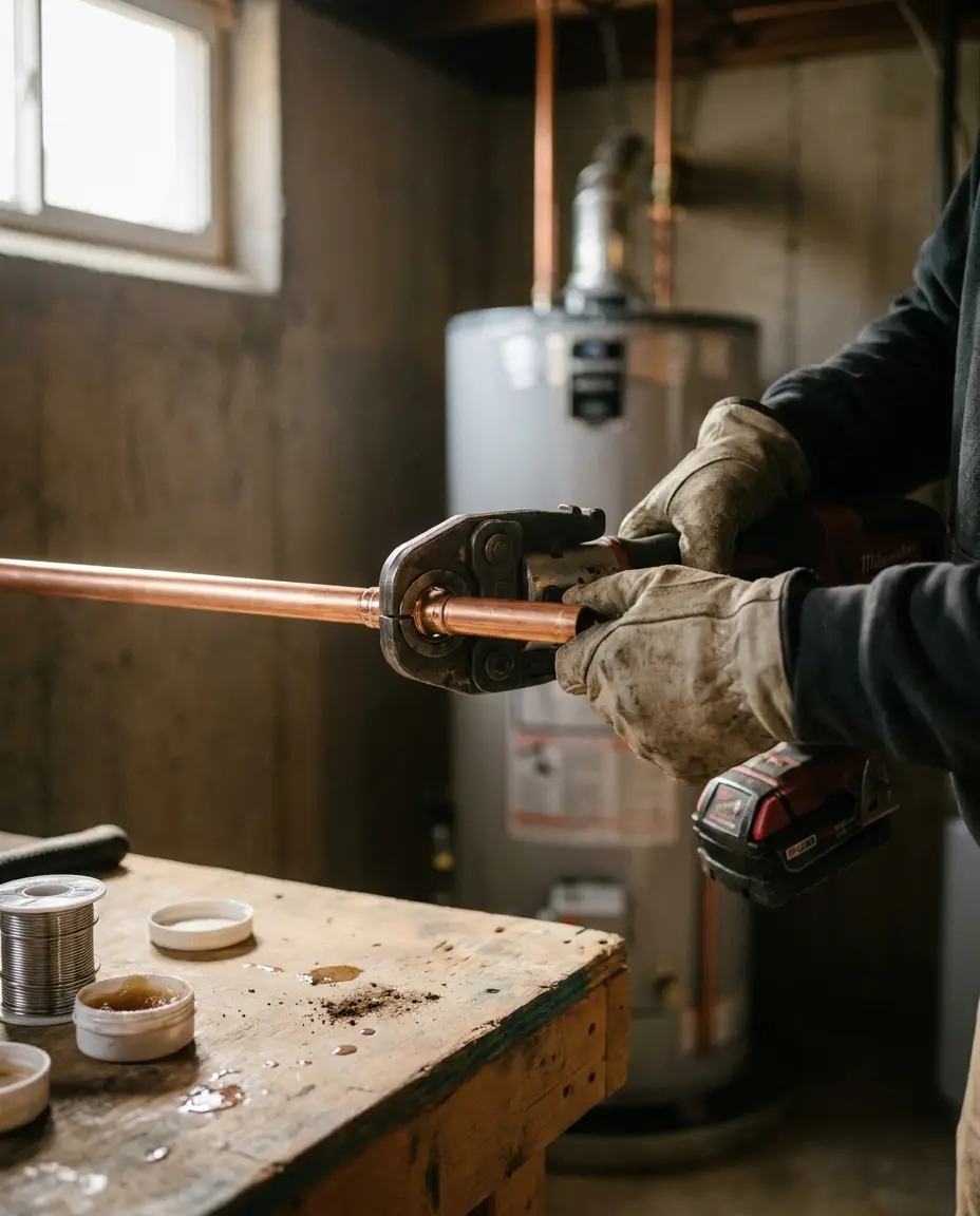 Plumber press-fitting copper pipe in a Denver basement mechanical room