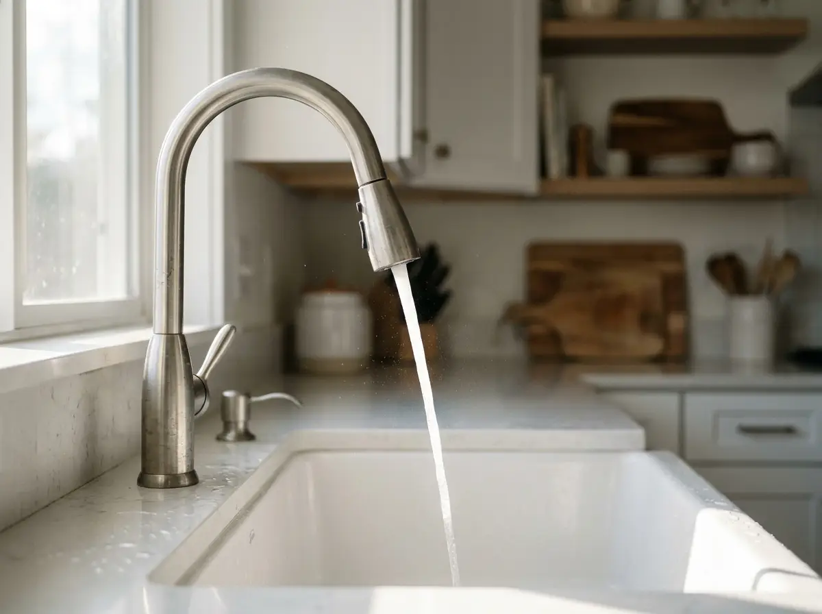 Brushed-nickel kitchen faucet running water into a farmhouse sink on a quartz countertop