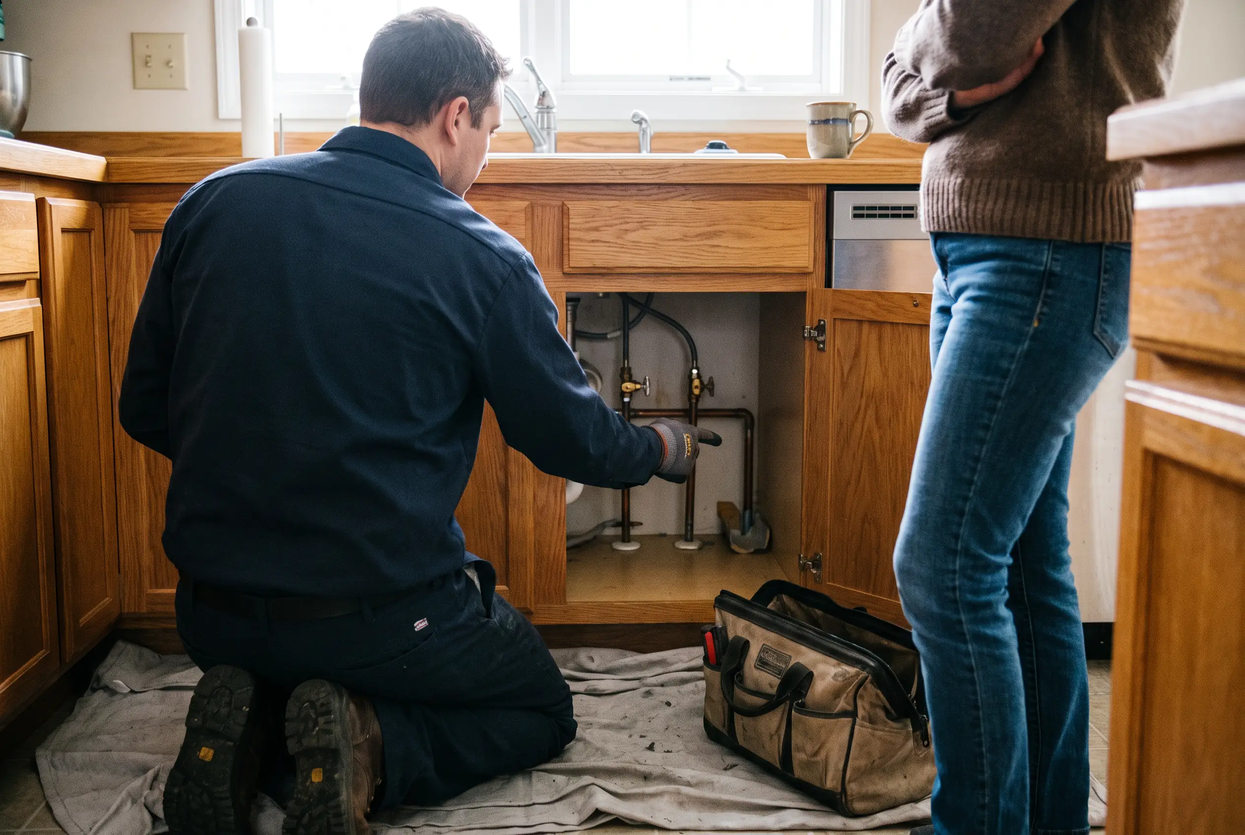 A Denco plumber kneeling at an open under-sink cabinet explaining the shutoff valve to a homeowner