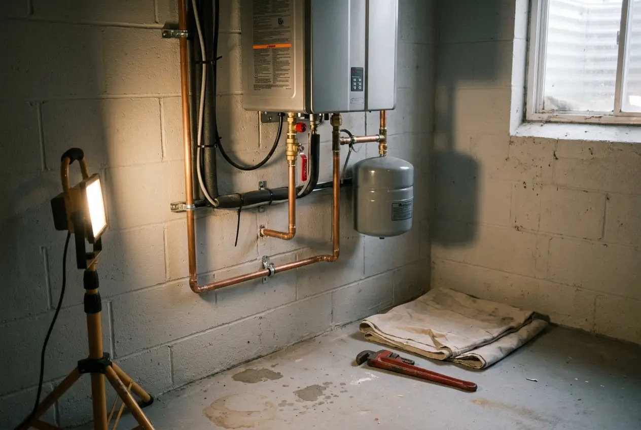 New tankless water heater mounted level on a basement wall with straight copper lines and a swept concrete floor