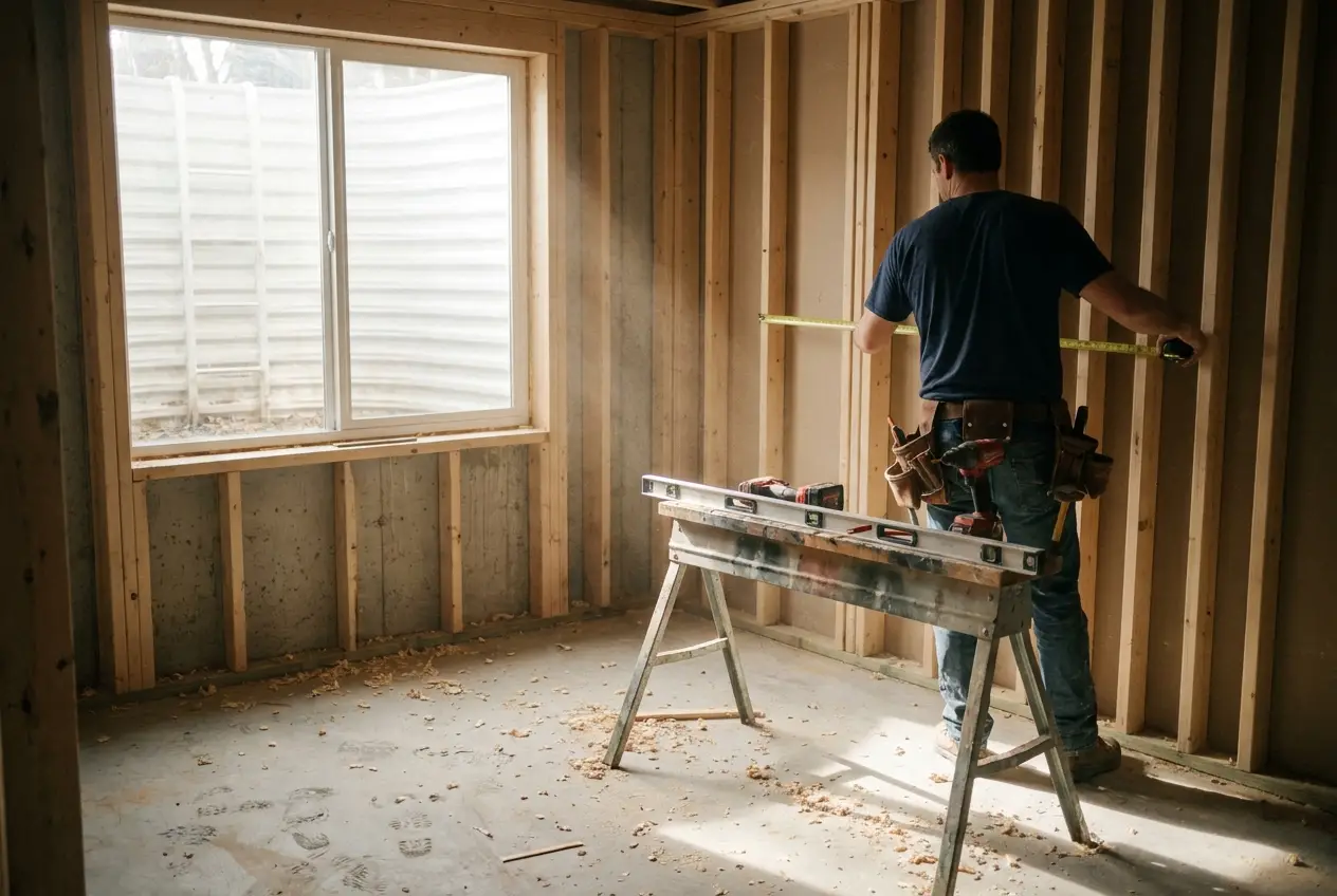 Basement remodel in progress with fresh stud framing in a Denver home