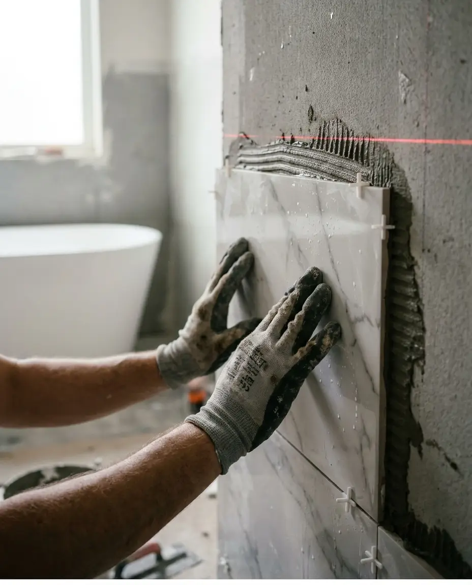 Gloved hands setting large-format tile on a bathroom wall with spacers and a level line