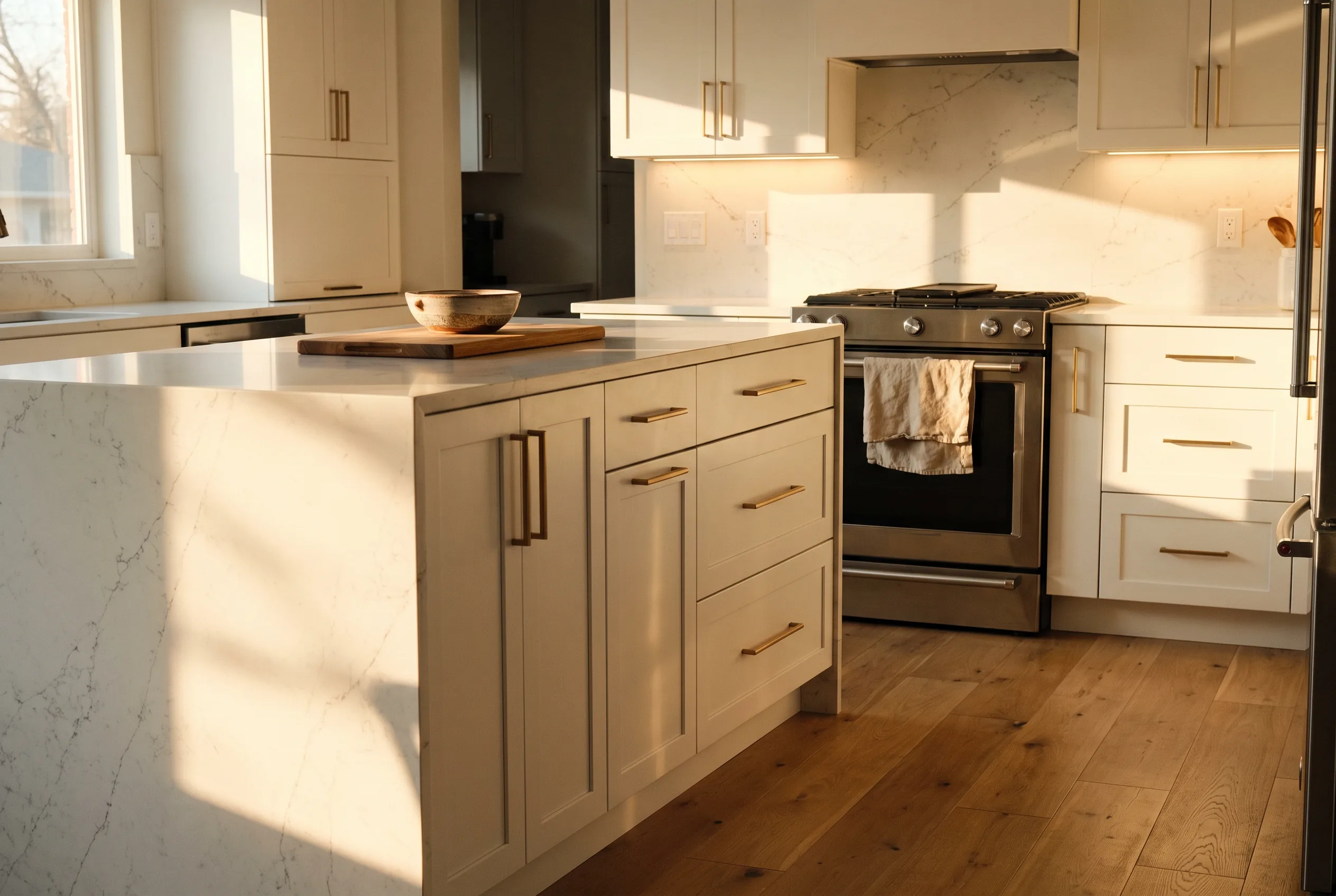 Remodeled kitchen with white shaker cabinets, a quartz island, and warm oak flooring at golden hour